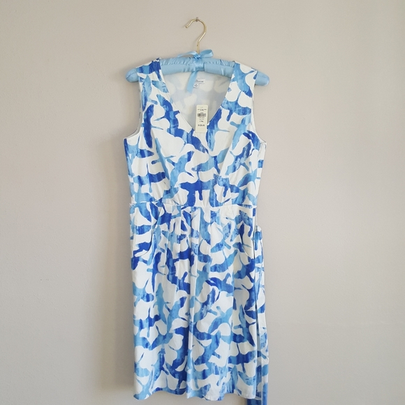 LL Bean V-neck Poplin Crane Print Cobalt Blue Summer Dress - Picture 1 of 5